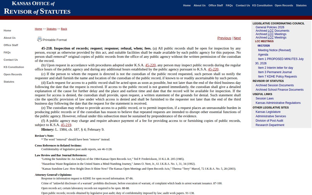 Kansas KORA response rule for Cloud County booking records