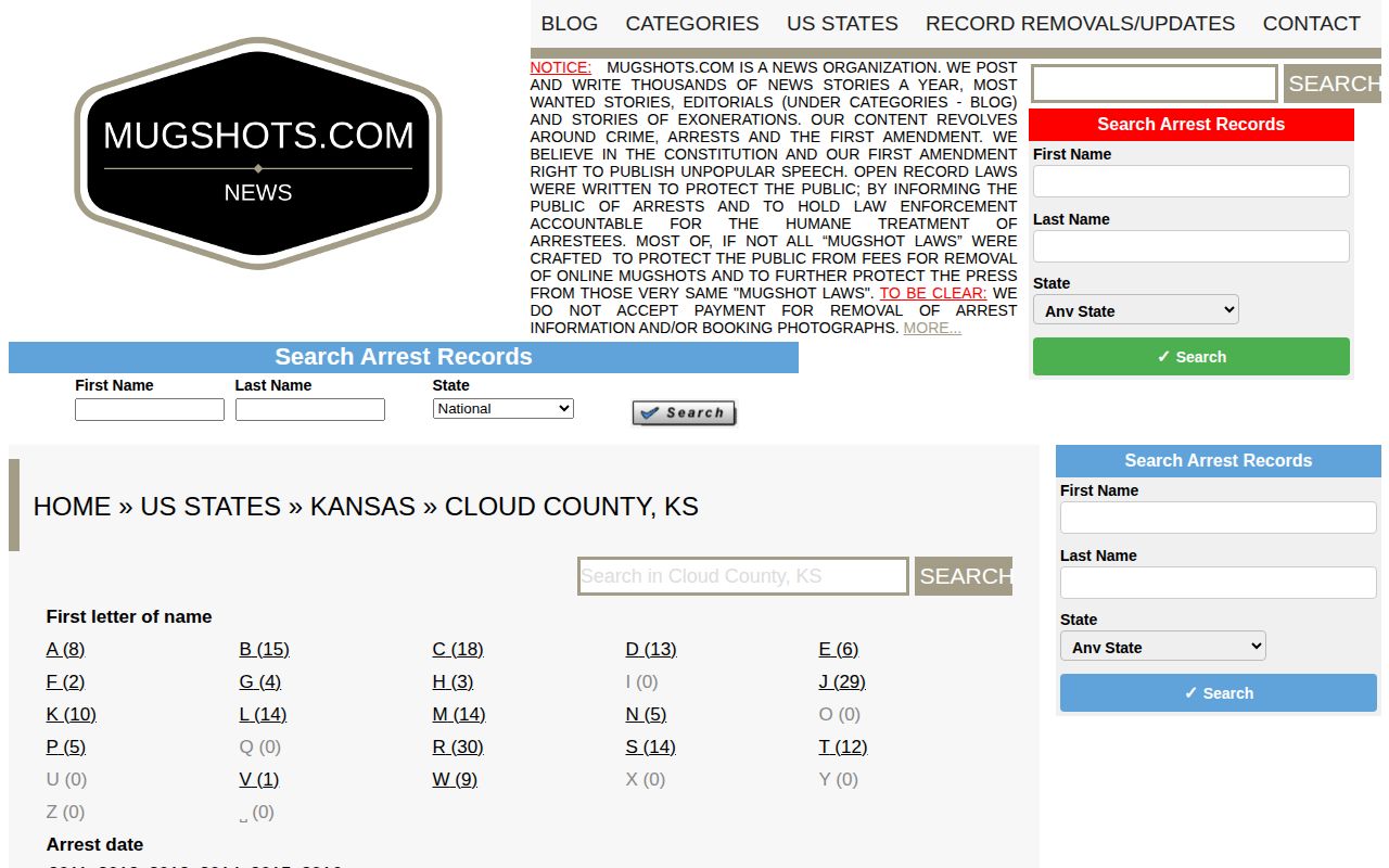 Unofficial archival Cloud County mugshot records landing